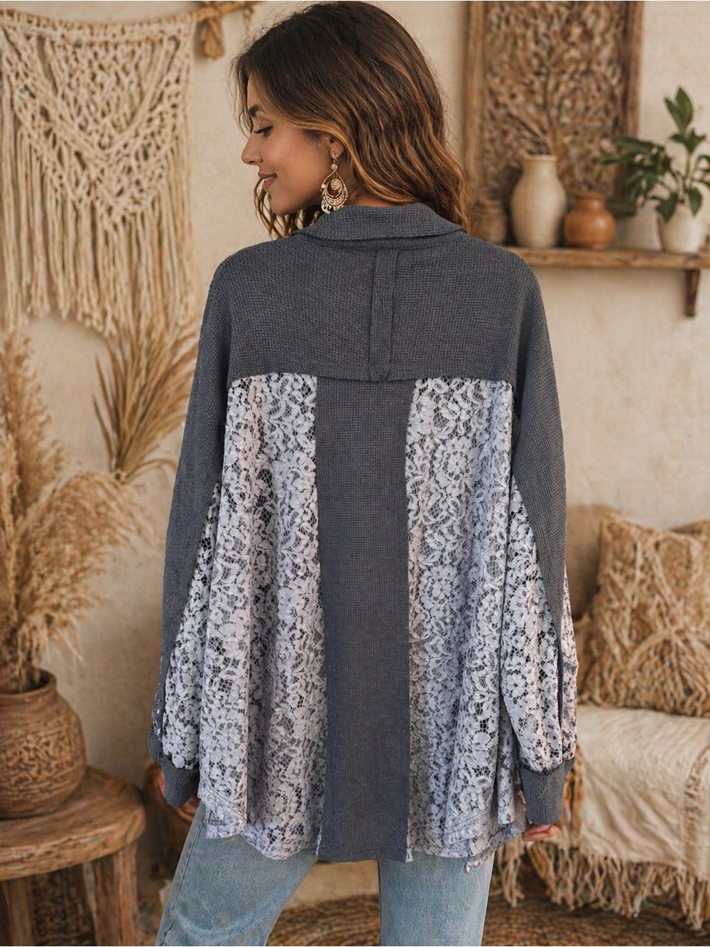Oli & Hali Lace and Waffle Knit Oversized Top
